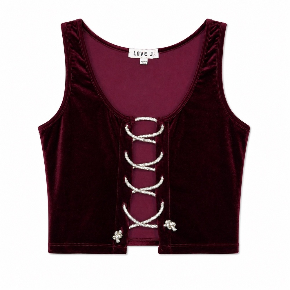 Love J Velvet Lace Up Crop Top Burgundy Sleeveless Large - Picture 1 of 9